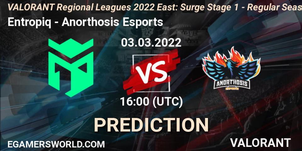 Prognose für das Spiel Entropiq VS Anorthosis Esports. 03.03.2022 at 16:00. VALORANT - VALORANT Regional Leagues 2022 East: Surge Stage 1 - Regular Season