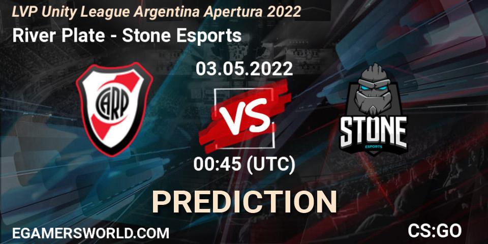 Prognose für das Spiel River Plate VS Stone Esports. 03.05.2022 at 00:45. Counter-Strike (CS2) - LVP Unity League Argentina Apertura 2022