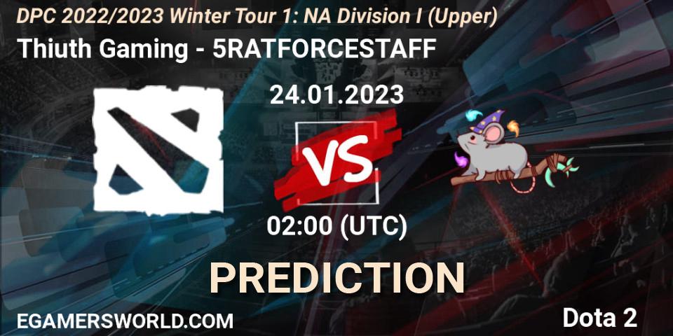 Prognose für das Spiel Thiuth Gaming VS 5RATFORCESTAFF. 24.01.2023 at 02:03. Dota 2 - DPC 2022/2023 Winter Tour 1: NA Division I (Upper)