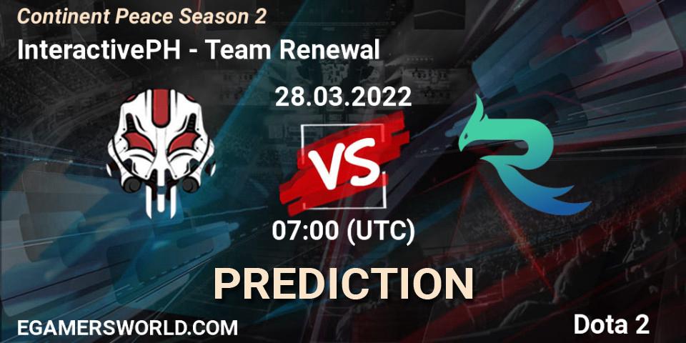 Prognose für das Spiel InteractivePH VS Team Renewal. 28.03.2022 at 07:39. Dota 2 - Continent Peace Season 2 