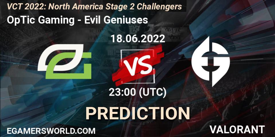 Prognose für das Spiel OpTic Gaming VS Evil Geniuses. 18.06.22. VALORANT - VCT 2022: North America Stage 2 Challengers
