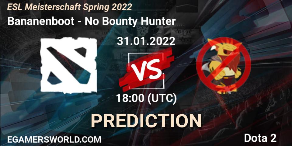 Prognose für das Spiel Bananenboot VS No Bounty Hunter. 31.01.2022 at 18:01. Dota 2 - ESL Meisterschaft Spring 2022