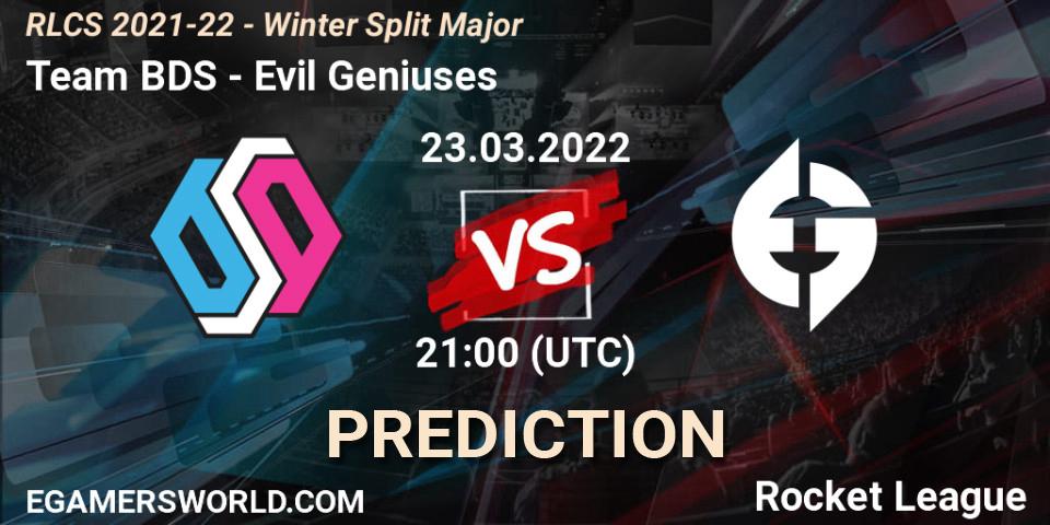 Prognose für das Spiel Team BDS VS Evil Geniuses. 23.03.2022 at 21:00. Rocket League - RLCS 2021-22 - Winter Split Major
