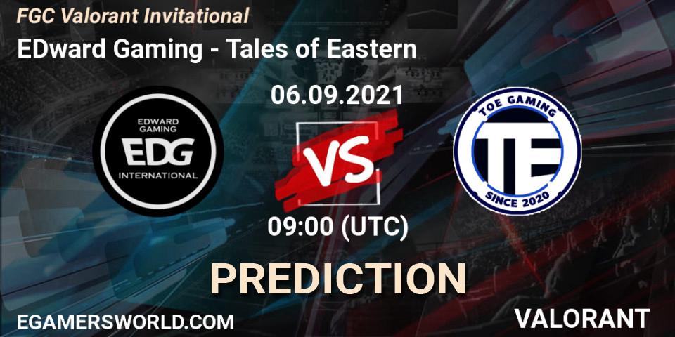 Prognose für das Spiel EDward Gaming VS Tales of Eastern. 06.09.2021 at 09:00. VALORANT - FGC Valorant Invitational