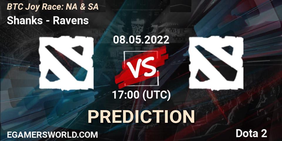 Prognose für das Spiel Shanks VS Ravens. 08.05.2022 at 21:06. Dota 2 - BTC Joy Race: NA & SA