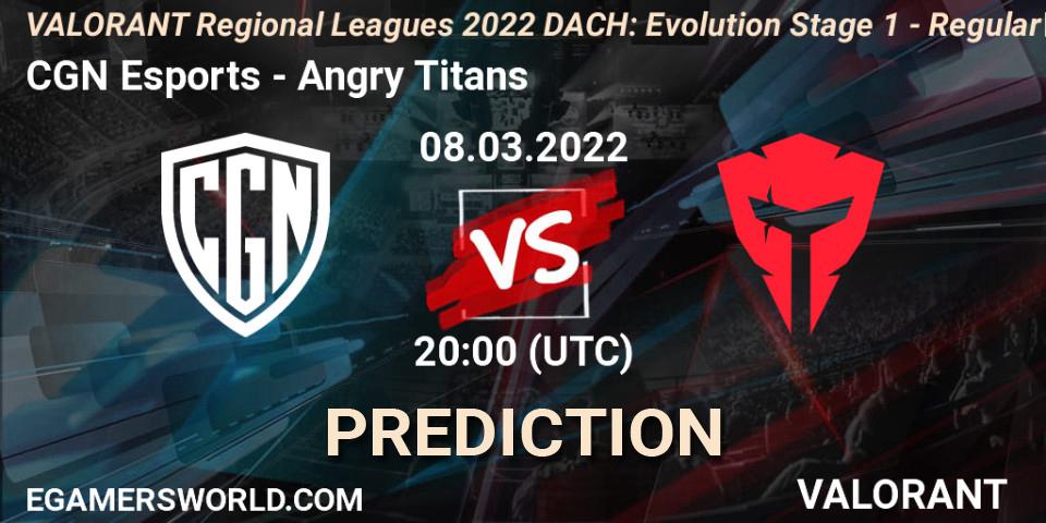 Prognose für das Spiel CGN Esports VS Angry Titans. 08.03.2022 at 20:00. VALORANT - VALORANT Regional Leagues 2022 DACH: Evolution Stage 1 - Regular Season