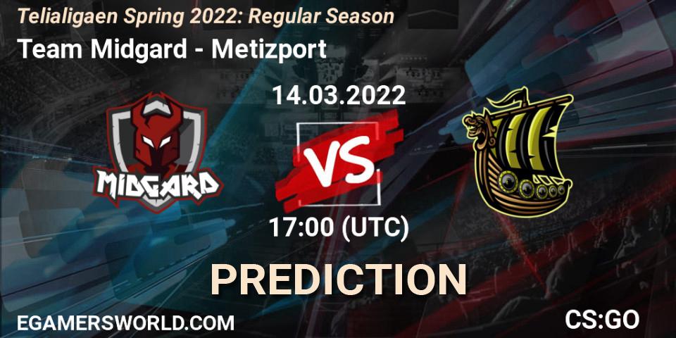 Prognose für das Spiel Team Midgard VS Metizport. 14.03.2022 at 17:00. Counter-Strike (CS2) - Telialigaen Spring 2022: Regular Season