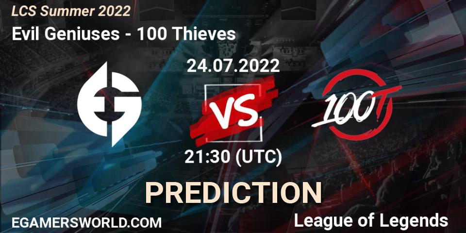 Prognose für das Spiel Evil Geniuses VS 100 Thieves. 24.07.2022 at 21:30. LoL - LCS Summer 2022