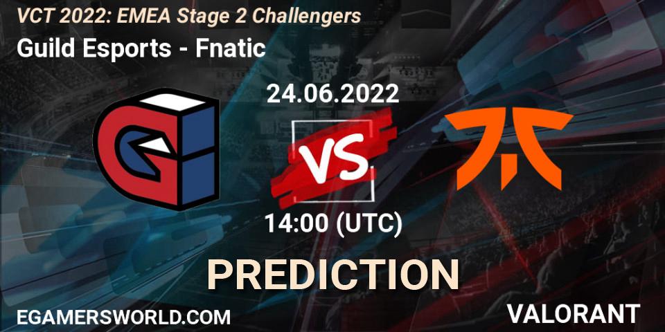 Prognose für das Spiel Guild Esports VS Fnatic. 24.06.2022 at 14:05. VALORANT - VCT 2022: EMEA Stage 2 Challengers