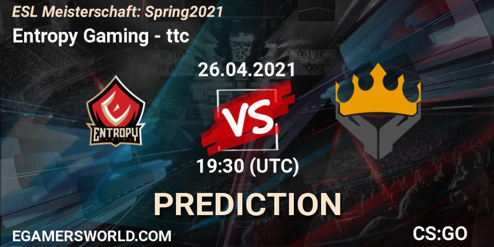Prognose für das Spiel Entropy Gaming VS ttc. 26.04.2021 at 19:30. Counter-Strike (CS2) - ESL Meisterschaft: Spring 2021
