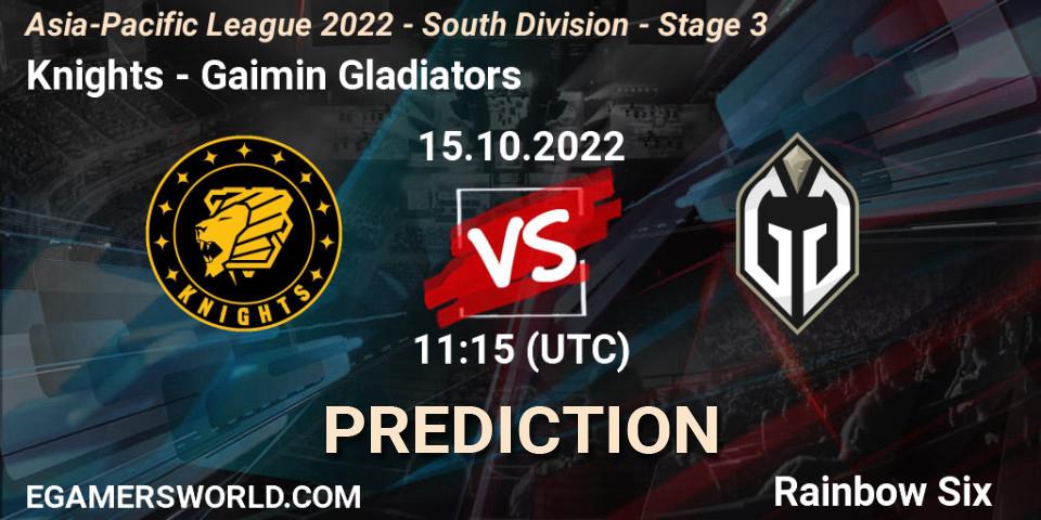 Prognose für das Spiel Knights VS Gaimin Gladiators. 15.10.2022 at 11:15. Rainbow Six - Asia-Pacific League 2022 - South Division - Stage 3