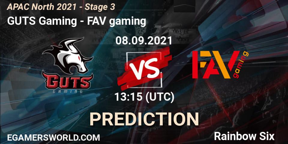 Prognose für das Spiel GUTS Gaming VS FAV gaming. 08.09.2021 at 13:15. Rainbow Six - APAC North 2021 - Stage 3