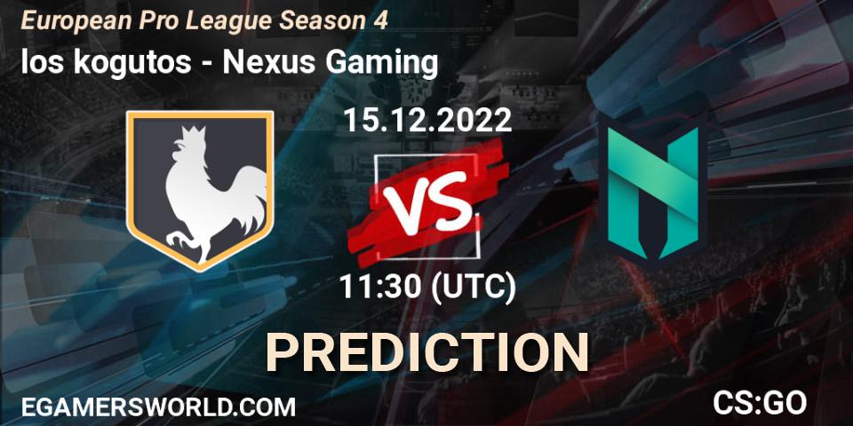Prognose für das Spiel los kogutos VS Nexus Gaming. 15.12.2022 at 12:00. Counter-Strike (CS2) - European Pro League Season 4