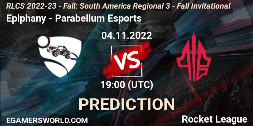 Prognose für das Spiel Epiphany VS Parabellum Esports. 04.11.2022 at 19:00. Rocket League - RLCS 2022-23 - Fall: South America Regional 3 - Fall Invitational