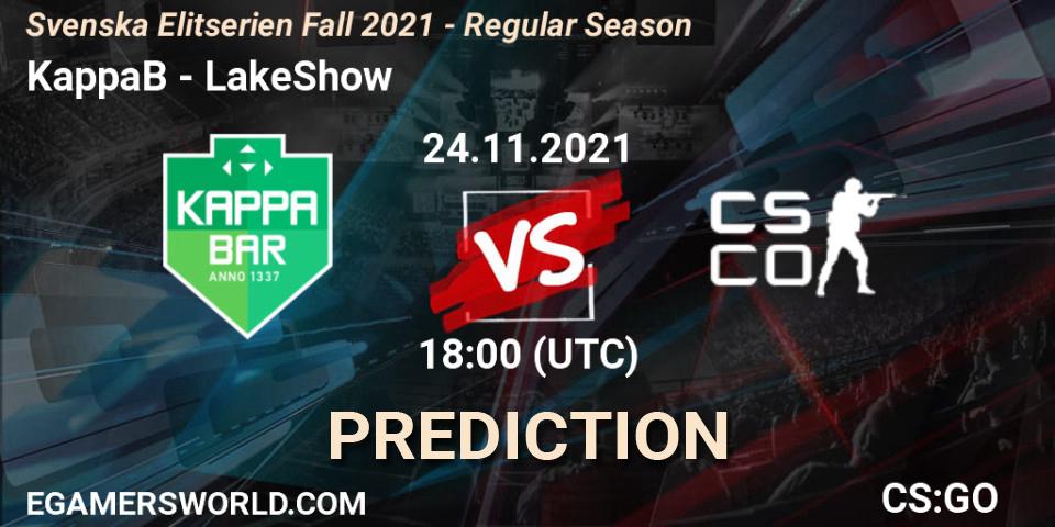 Prognose für das Spiel KappaB VS LakeShow. 24.11.2021 at 18:00. Counter-Strike (CS2) - Svenska Elitserien Fall 2021 - Regular Season