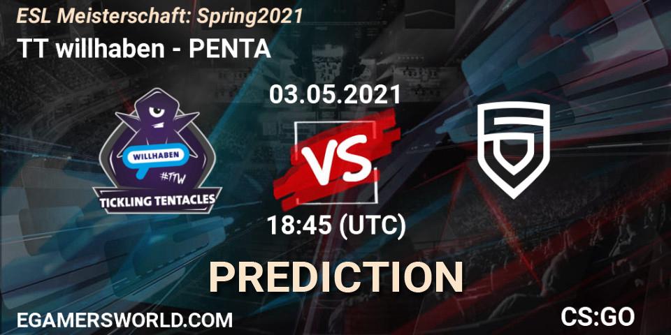 Prognose für das Spiel TT willhaben VS PENTA. 03.05.2021 at 18:45. Counter-Strike (CS2) - ESL Meisterschaft: Spring 2021