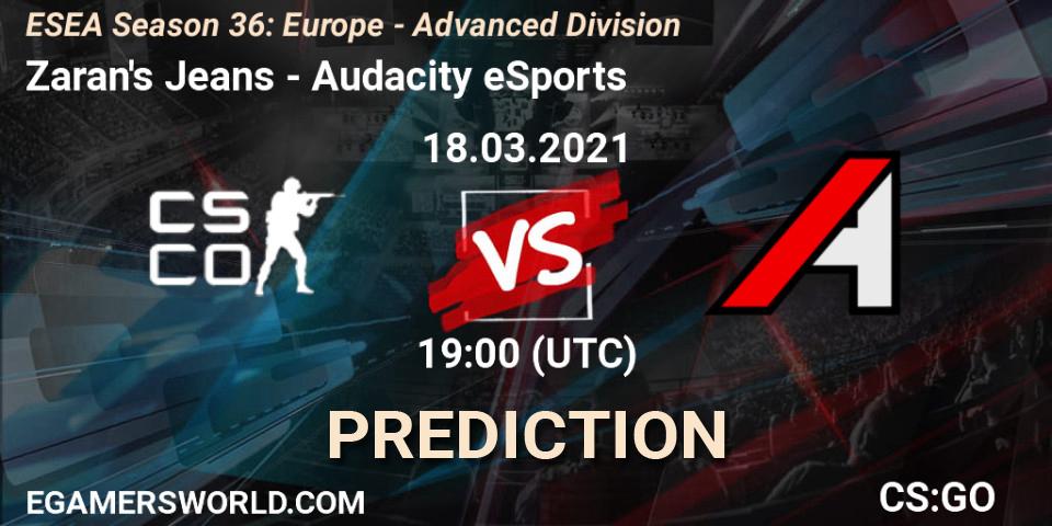Prognose für das Spiel Zaran's Jeans VS Audacity eSports. 18.03.2021 at 19:00. Counter-Strike (CS2) - ESEA Season 36: Europe - Advanced Division