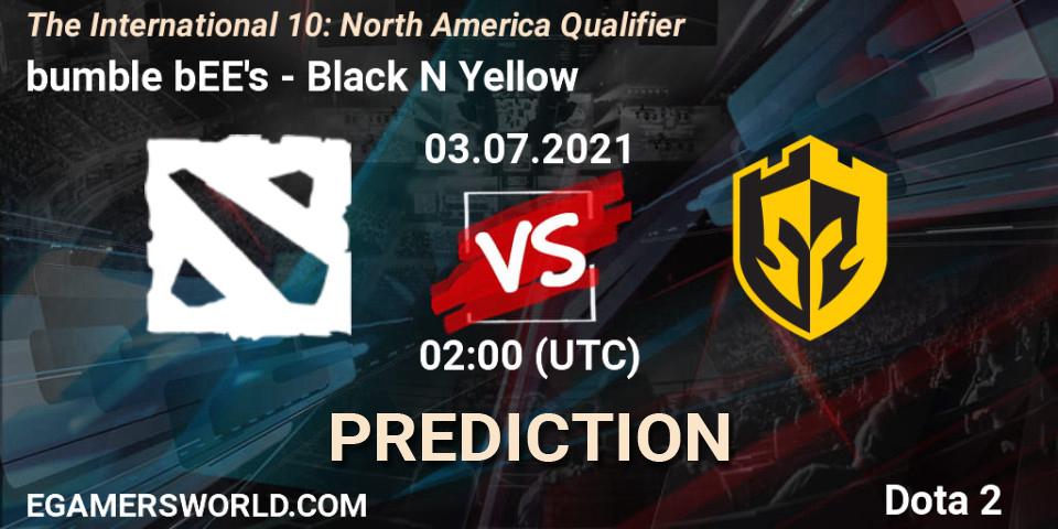 Prognose für das Spiel bumble bEE's VS Black N Yellow. 03.07.2021 at 00:31. Dota 2 - The International 10: North America Qualifier