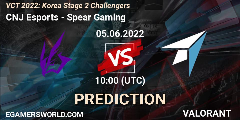 Prognose für das Spiel CNJ Esports VS Spear Gaming. 05.06.2022 at 09:30. VALORANT - VCT 2022: Korea Stage 2 Challengers