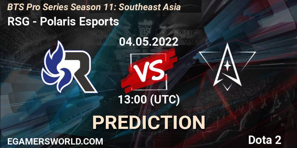 Prognose für das Spiel RSG VS Polaris Esports. 04.05.2022 at 13:21. Dota 2 - BTS Pro Series Season 11: Southeast Asia