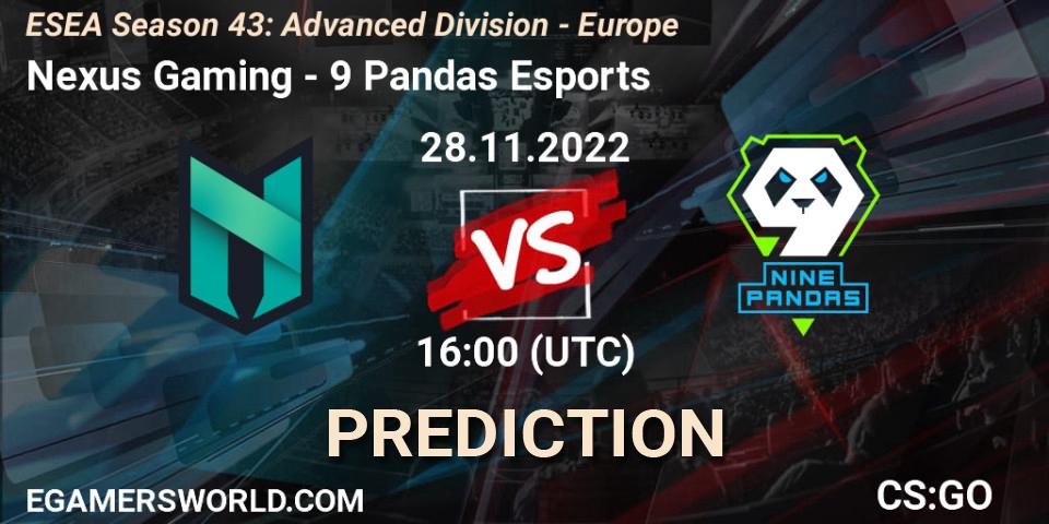 Prognose für das Spiel Nexus Gaming VS 9 Pandas Esports. 01.12.22. CS2 (CS:GO) - ESEA Season 43: Advanced Division - Europe