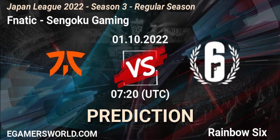 Prognose für das Spiel Fnatic VS Sengoku Gaming. 01.10.2022 at 07:20. Rainbow Six - Japan League 2022 - Season 3 - Regular Season