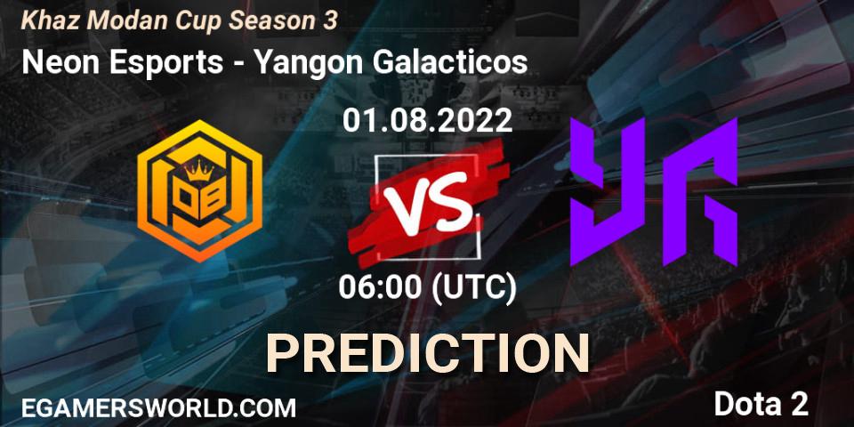 Prognose für das Spiel Neon Esports VS Yangon Galacticos. 01.08.2022 at 10:09. Dota 2 - Khaz Modan Cup Season 3