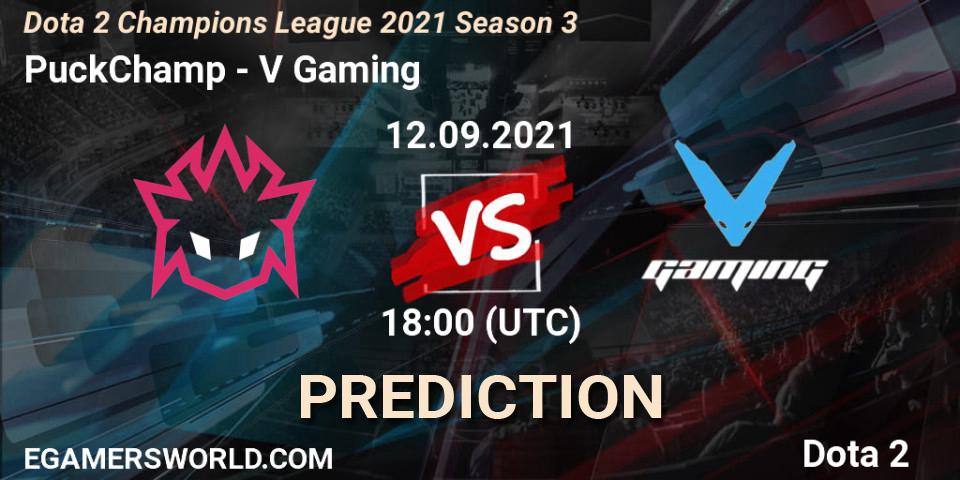 Prognose für das Spiel PuckChamp VS V Gaming. 12.09.2021 at 18:59. Dota 2 - Dota 2 Champions League 2021 Season 3