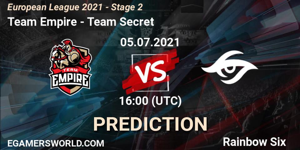 Prognose für das Spiel Team Empire VS Team Secret. 05.07.21. Rainbow Six - European League 2021 - Stage 2