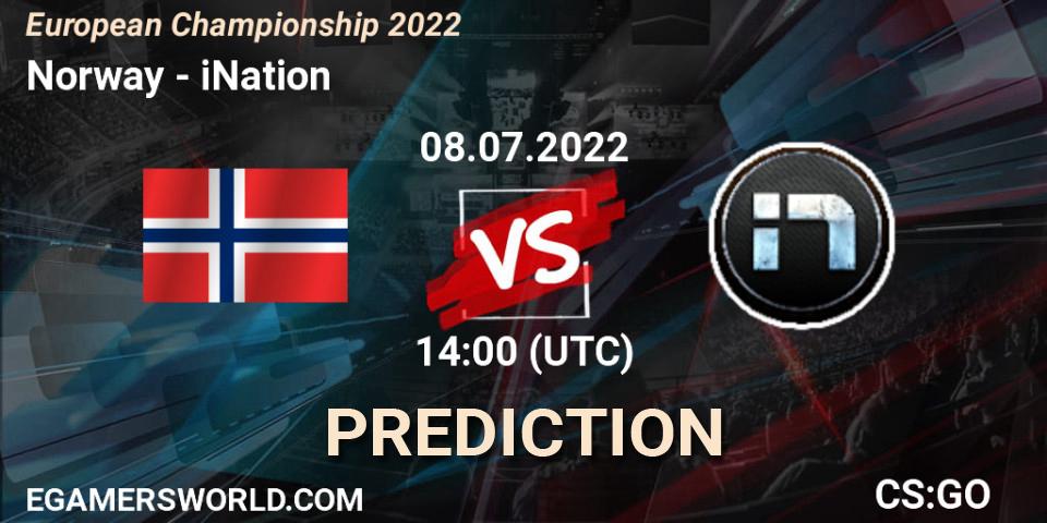 Prognose für das Spiel Norway VS iNation. 08.07.2022 at 14:00. Counter-Strike (CS2) - European Championship 2022