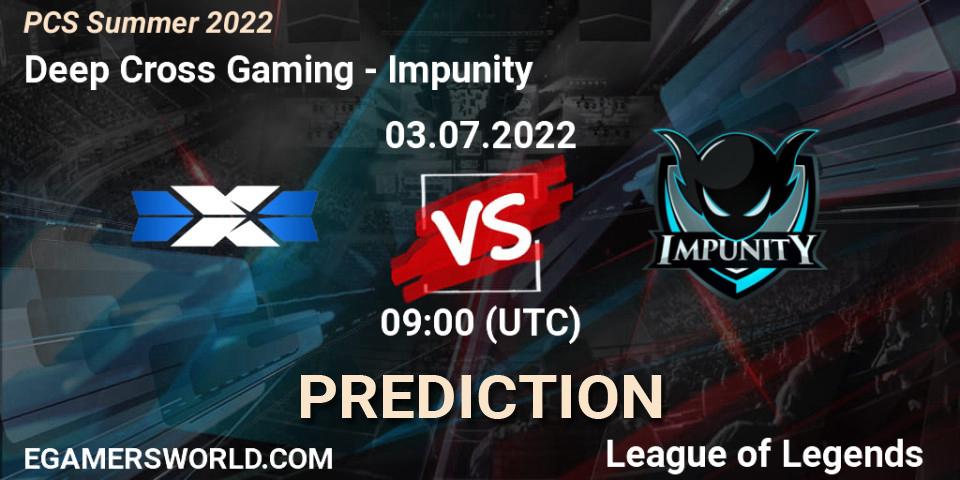 Prognose für das Spiel Deep Cross Gaming VS Impunity. 03.07.2022 at 09:00. LoL - PCS Summer 2022