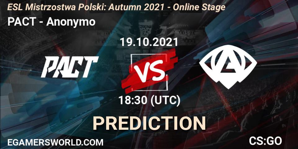 Prognose für das Spiel PACT VS Anonymo. 19.10.21. CS2 (CS:GO) - ESL Mistrzostwa Polski: Autumn 2021 - Online Stage