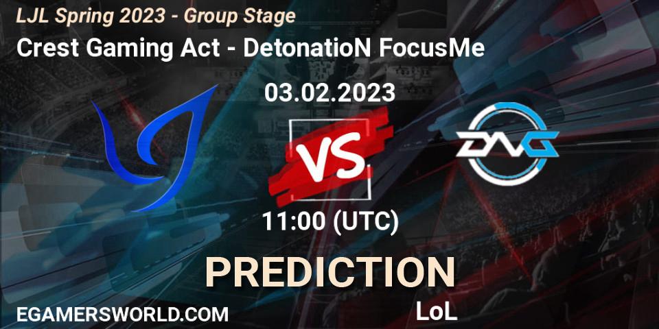 Prognose für das Spiel Crest Gaming Act VS DetonatioN FocusMe. 03.02.2023 at 10:00. LoL - LJL Spring 2023 - Group Stage