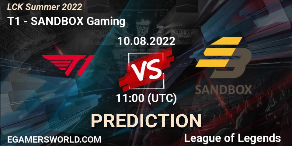 Prognose für das Spiel T1 VS SANDBOX Gaming. 10.08.22. LoL - LCK Summer 2022