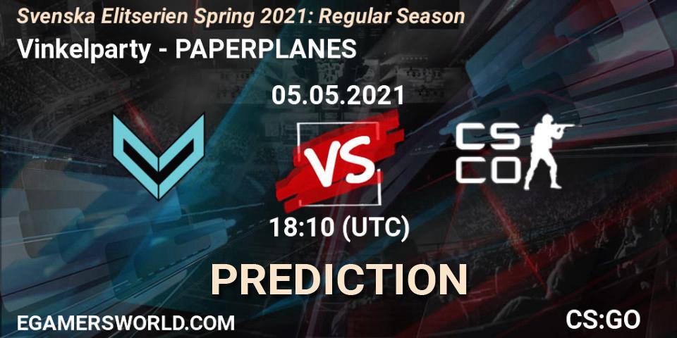 Prognose für das Spiel Vinkelparty VS PAPERPLANES. 06.05.21. CS2 (CS:GO) - Svenska Elitserien Spring 2021: Regular Season