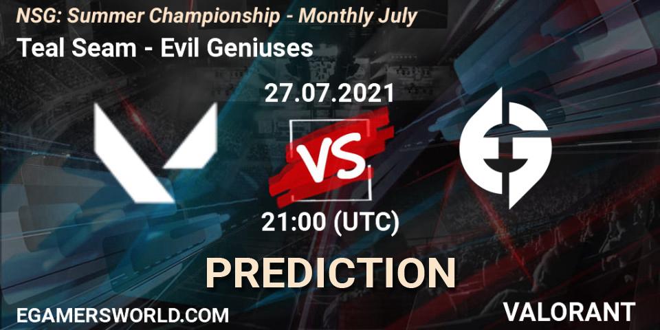 Prognose für das Spiel Teal Seam VS Evil Geniuses. 27.07.2021 at 21:00. VALORANT - NSG: Summer Championship - Monthly July
