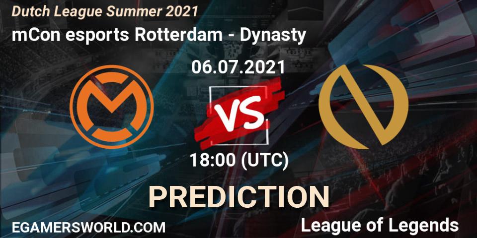 Prognose für das Spiel mCon esports Rotterdam VS Dynasty. 06.07.2021 at 18:00. LoL - Dutch League Summer 2021