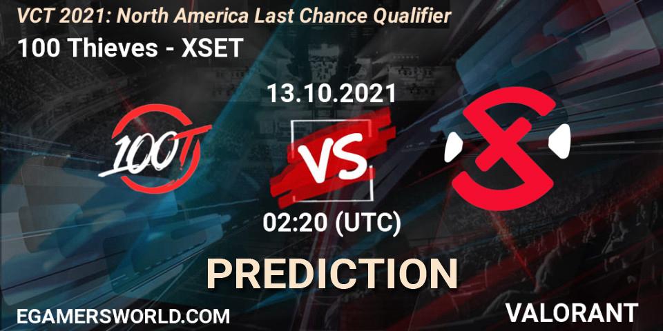 Prognose für das Spiel 100 Thieves VS XSET. 13.10.21. VALORANT - VCT 2021: North America Last Chance Qualifier