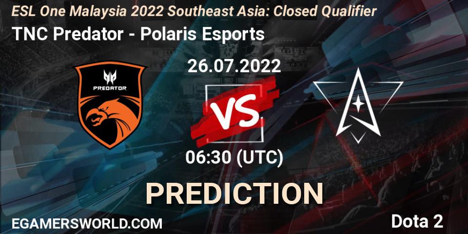 Prognose für das Spiel TNC Predator VS Polaris Esports. 26.07.2022 at 06:31. Dota 2 - ESL One Malaysia 2022 Southeast Asia: Closed Qualifier