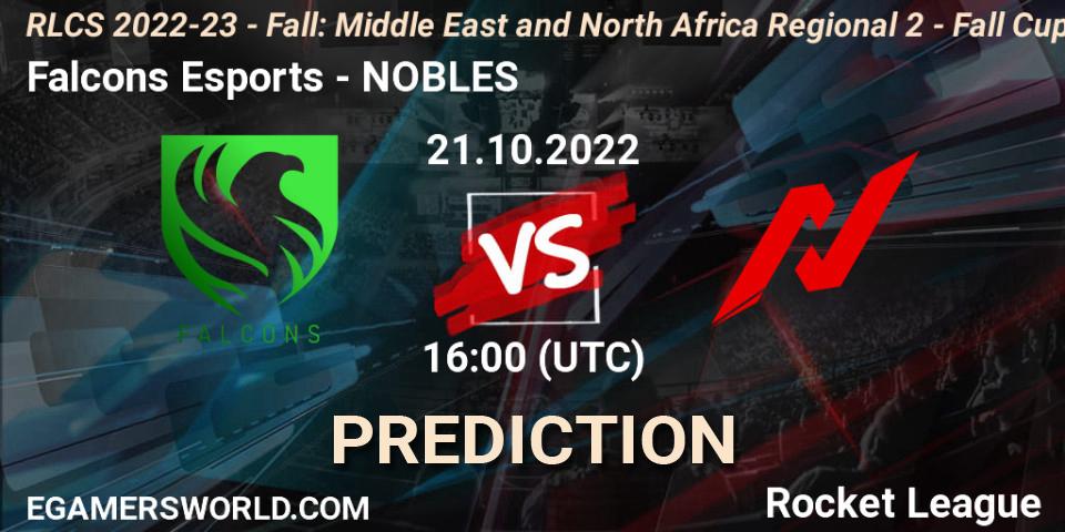 Prognose für das Spiel Falcons Esports VS NOBLES. 21.10.2022 at 16:00. Rocket League - RLCS 2022-23 - Fall: Middle East and North Africa Regional 2 - Fall Cup