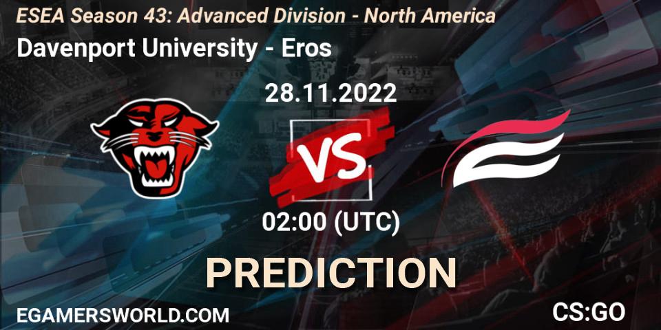 Prognose für das Spiel Davenport University VS Eros. 28.11.22. CS2 (CS:GO) - ESEA Season 43: Advanced Division - North America
