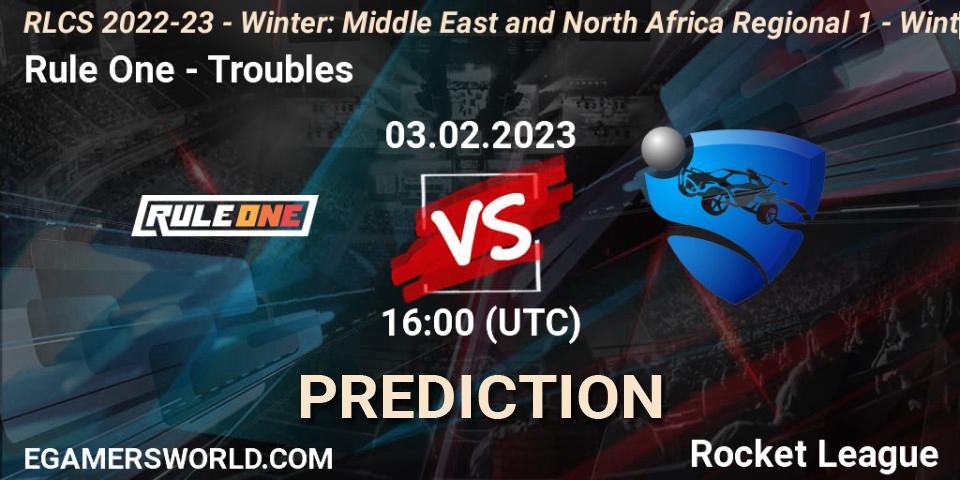 Prognose für das Spiel Rule One VS Troubles. 03.02.2023 at 16:00. Rocket League - RLCS 2022-23 - Winter: Middle East and North Africa Regional 1 - Winter Open