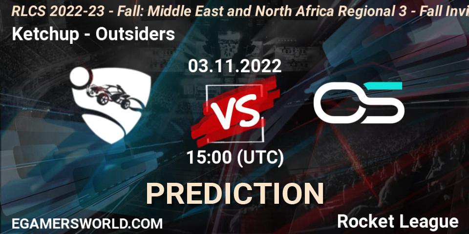 Prognose für das Spiel Ketchup VS Outsiders. 03.11.2022 at 15:00. Rocket League - RLCS 2022-23 - Fall: Middle East and North Africa Regional 3 - Fall Invitational