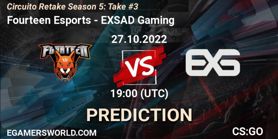 Prognose für das Spiel Fourteen Esports VS EXSAD Gaming. 27.10.2022 at 19:00. Counter-Strike (CS2) - Circuito Retake Season 5: Take #3
