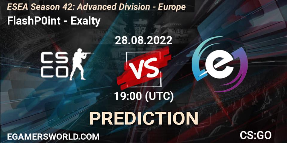 Prognose für das Spiel FlashP0int VS Exalty. 28.08.2022 at 19:00. Counter-Strike (CS2) - ESEA Season 42: Advanced Division - Europe