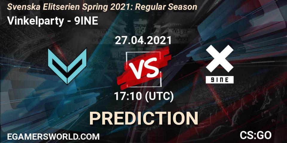 Prognose für das Spiel Vinkelparty VS 9INE. 27.04.2021 at 17:10. Counter-Strike (CS2) - Svenska Elitserien Spring 2021: Regular Season
