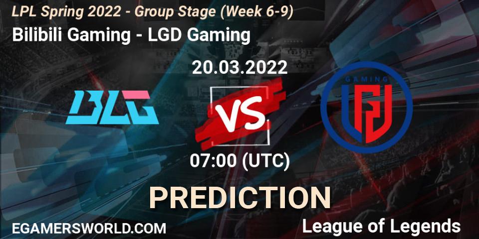 Prognose für das Spiel Bilibili Gaming VS LGD Gaming. 20.03.2022 at 07:00. LoL - LPL Spring 2022 - Group Stage (Week 6-9)