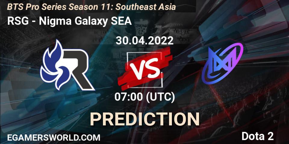 Prognose für das Spiel RSG VS Nigma Galaxy SEA. 30.04.2022 at 07:11. Dota 2 - BTS Pro Series Season 11: Southeast Asia