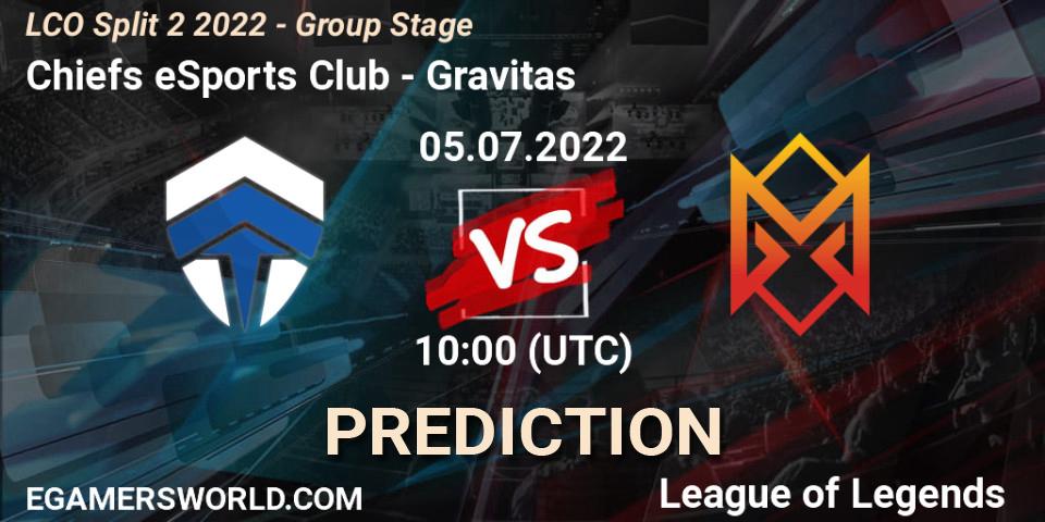 Prognose für das Spiel Chiefs eSports Club VS Gravitas. 05.07.2022 at 10:00. LoL - LCO Split 2 2022 - Group Stage