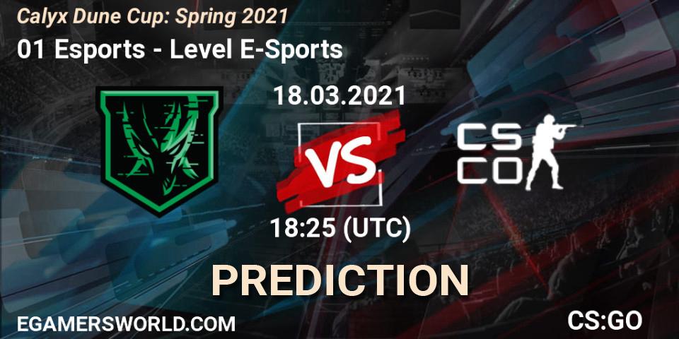Prognose für das Spiel 01 Esports VS Level E-Sports. 18.03.2021 at 18:30. Counter-Strike (CS2) - Calyx Dune Cup: Spring 2021
